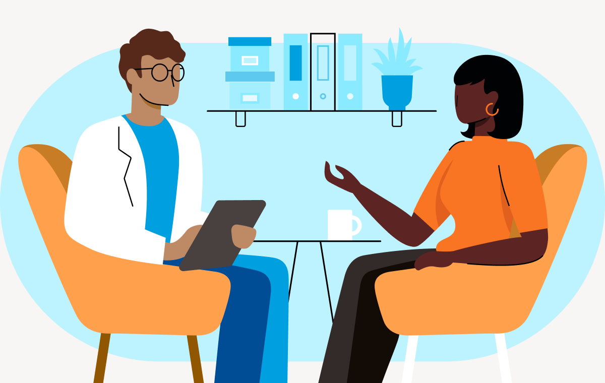 Illustrated image of female in red shirt talking to a male doctor both sitting in chairs