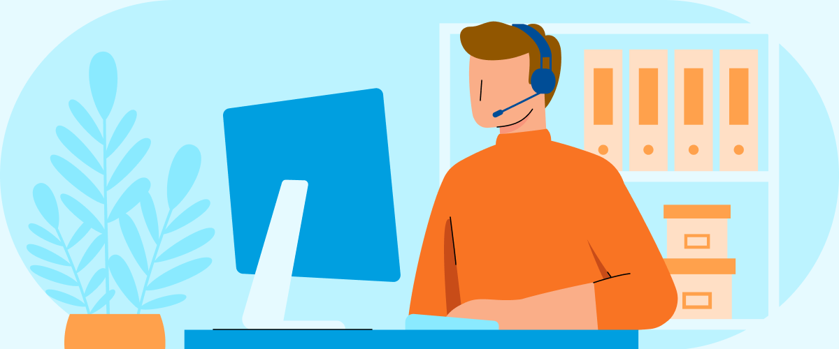 Illustrated image of a man with a headset on sitting in front of a monitor