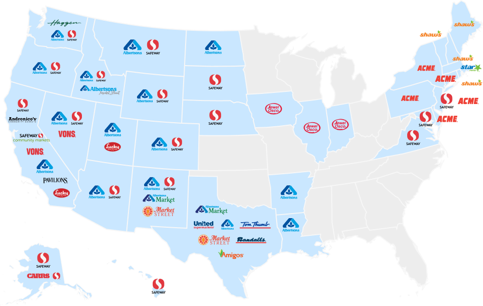 A blue colored map of the United States with the Albertsons family banners listed in the state where they have stores
